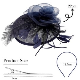 Alaoo Fascinator Hats for Women, Ladies Fascinators Hat, Pillbox Hat with Veil Headband for Wedding Tea Party Mesh Flower Cocktail Party (Color : 03-Navy Blue)
