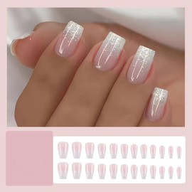 24 Pcs Press On Nails Medium - ZIFANHU Ombre Fake Nails Press Ons Nail Art Tip Full Cover Acrylic Glitter False Nails with Pink Ballet Trapezoid Design Glue on Nails for Women