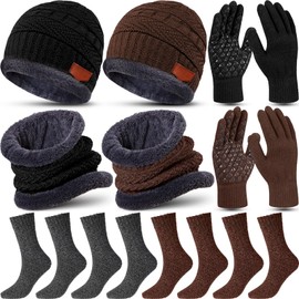 10 Pieces Winter Hat Beanie Scarf Touch Screen Gloves and Sock Set Slouchy Knit Skull Cap Beanies Fleece Lining Neck Warmer (Black, Brown)
