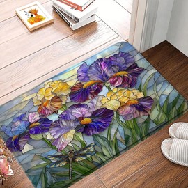 GCTNBJL Stained Glass Iris Floral Bath Mat Purple Yellow Abstract Flower Dragonfly Modern Floral Nature Plant Home Office Bedroom Doormat Bathroom Toilet Floor Rug,17.8x29.5 Inch