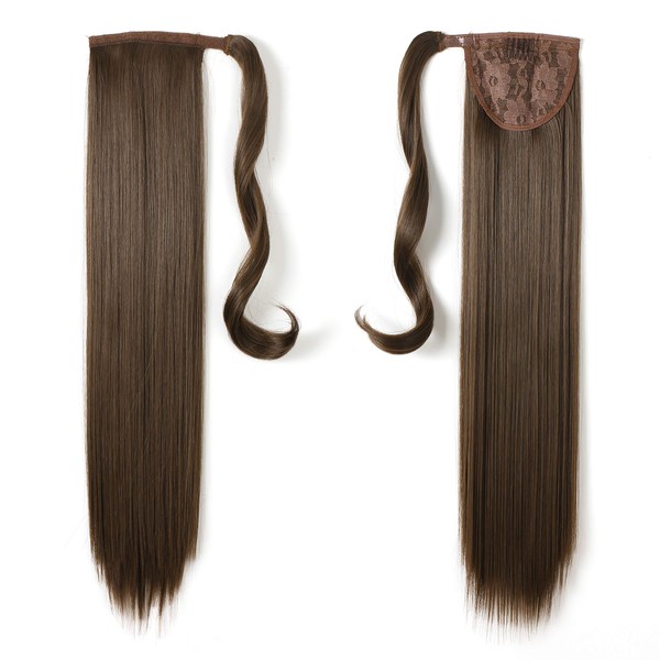 Onedor 24" Straight Wrap Around Ponytail Extension for Women. Premium Synthetic Fiber 120g-130g (8A-Light Chestnut Brown)