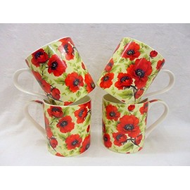 Set of 4 Extra Large China Mugs in red Poppy Design
