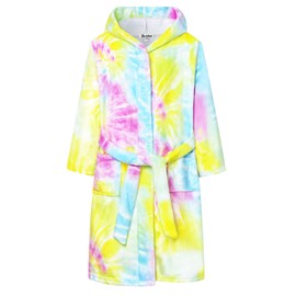 Jxstar Tie Dye Hooded Bathrobe for Girls Kids Flannel Plush Soft Fleece Robe Pajamas Sleepwear,Size 8 9