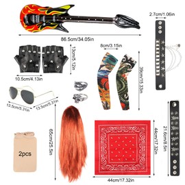Pack of 12 Rocker Costume Men's Rock Star Costume Children Includes 1 Wig 1 Glasses 2 Sleeves 2 Rings 2 Bracelets 2 Gloves 1 Inflatable Guitar 1 Headband Disco Rock Star Fancy Dress Children Boys