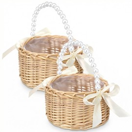 2Pcs Wicker Rattan Flower Girl Baskets, Handwoven Wicker Basket with Pearl Handle, Plastic Liner, and Satin Bow, Fairy Flower Small Rattan Basket for Weddings Bridal Anniversary Party Decor