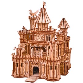Wood Trick Dragon Castle Movable Wooden 3D Puzzles for Adults and Kids to Build - Red LED - Greensleeves Melody - Towers Rotating - Engineering DIY Project Mechanical Model Kits for Adults