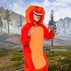 FUNZIEZ! Adult Triceratops Costume - Plush One Piece Dinosaur Costume - One Piece Pajama (Orange, Large)