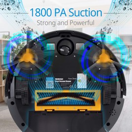 Pure Clean Robotic Vacuum Cleaner - 1800Pa Suction - Wifi Mobile App and Gyroscope Mapping - Ultra Thin 2.9” Height Cleans Carpets and Hardwood Floor - PUCRC455, White