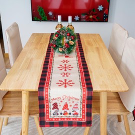 Christmas Table Runner Red Plaid Gnome Xmas Table Decor Winter Fabric Dresser Scarf for Indoor Outdoor Home Christmas Party Decor