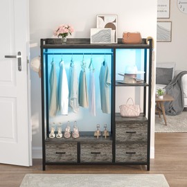 Cyclysio Dresser with Hanging Rack, 4 Drawers Dresser for Bedroom with Power Outlet and LED Lights, Cute Dressers with Storage Shelf for Bedroom Living Room, Grey