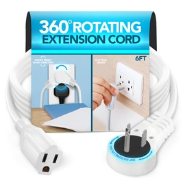 ELECTERY 360 Degree Rotating Flat Plug Extension Cord – Flat Plug Power Strip Plug Extension Outlet – White Extension Cord with Flat Wall Plug – Power Cord Extension for Home, Office – 6 Ft