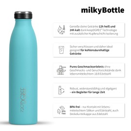 720°DGREE ‘MilkyBottle’ Stainless Steel Drinking Bottle – 1 Litre – BPA-Free, Leak-Proof – Suitable for Carbonated Drinks, Sports, University, School, Fitness, Outdoor, Camping