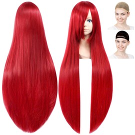 CaseEden 6081 Cosplay Wig, Premium, Smooth, Straight, Long, 39.4 inches (100 cm), Red, Red Hair