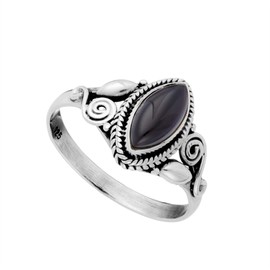 81stgeneration 925 Sterling Silver Onyx Marquise Crystal Ring - Bezel Set Gemstone - Vintage Style Gothic Black Ring - Spiral Indian Design - Thin Band Boho July Birthstone Gifts - Witchy Accessories