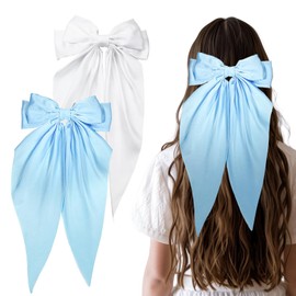 Bliceon 2pc Big Bow Hair Clips, Long Silky Satin Ribbons, Big Bowknot Hairpins Solid Color Barrettes for Women and Girls, Blue and White