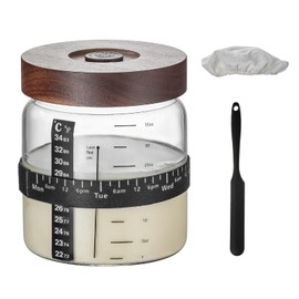 Wissy&Konny Sourdough Starter Jar，Wood Sealed Lid with Automatic Exhaust,35OZ with Ounce Scale Line,Date Marked Feeding Band, Thermometer, Sourdough Jar Scraper,Wide Mouth for Sourdough Bread Baking