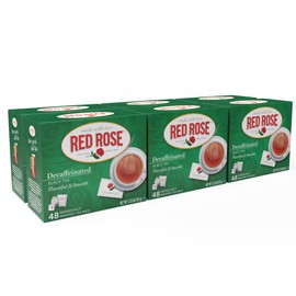 Red Rose Naturally Decaffeinated Black Tea, Smooth & Flavorful Decaf for Iced or Hot Tea in Bulk, Gluten-Free, 6 Pack of 48 Individually Wrapped Teabags