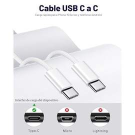 Cable USB C a USB C, paquete de 2 cables USBC a USBC de 6 pies y 60 W, cargador tipo C, cable de carga rápida para iPhone 17/17 Pro Max/16 Pro Max/15 