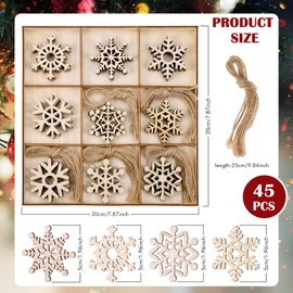 Pack of 45 Snowflakes Wood, Snowflakes Decorative Christmas Tree Pendants, Wooden Snowflakes Crafts Christmas with Hanging Rope and 12 Coloured Pens, Vintage Christmas Tree Decoration