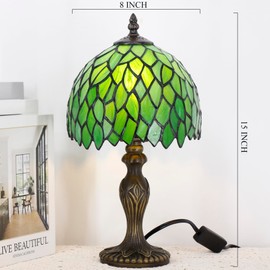 TCODTPOL Small Tiffany Lamp Stained Glass Table Lamp Mini Desk Accent Light for Bedroom Bedside Reading Home Antique Style Decor 8X15 Inches (Green Wisteria)