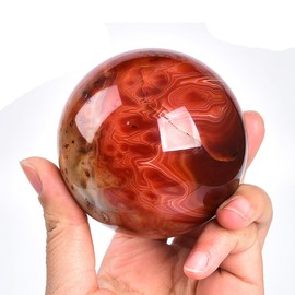 JIC Gem 2.7-3.1 inch(70-80mm) Large Red Agate Crystal Ball Round Healing Crystals Decorative Sphere with Wooden Stand Meditation Witchcraft Home Decor