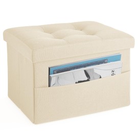LINMAGCO Storage Ottoman Folding Foot Stool Ottoman Foot Rest with Side Pocket Modern Ottoman with Storage Short Sofa Stool Linen Cloth 17x13x13(Beige)