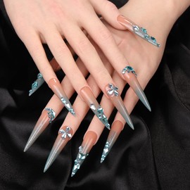 Artiprint Long Pointed Press-On Nails with Nude Colors & Hand-Painted Designs, Large Rhinestones, Durable & Stylish Fake Nails for Salon-Quality Manicure, Trendy & Elegant Press On Nail Set (L168, M)