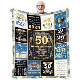 50th Birthday Blanket, 50 Year Old Gifts for Men, 50th Birthday Gifts for Men, Unique Blue Fun Mens Throw Blanket Gifts for Anniversary Christmas, Super Soft Warm Plush Flannel Fleece Blankets 60"X50"