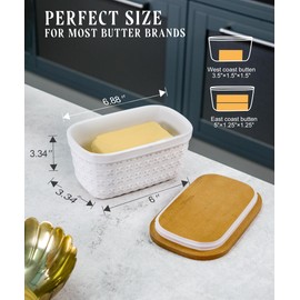 Nucookery Ceramic Butter Dish, Embossed Butter Keeper with Wood Lid for Countertop, Butter Holder and Container with Double Silicone Seal (Cross Pattern)
