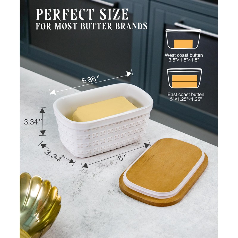 Nucookery Ceramic Butter Dish, Embossed Butter Keeper with Wood Lid
