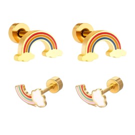2 Pairs Rainbow Stud Earrings for Women Teen Girls 14k Gold Titanium Flatback Earrings Small Tiny Colorful Cloud Hypoallergenic Cartilage Piercing Earrings Jewelry for Girls