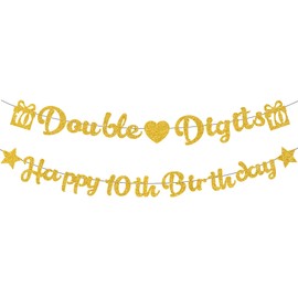 10th Birthday Decorations for Girl Banner - Double Digit Party Supplies Gold, Happy 10th Birthday Banners Hanging for 10 Years Old Kids Party Decoration