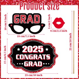 Blulu 24 Pieces 2025 Graduation Party Photo Booth Props Kit, Funny Graduation Party Selfie Props, Selfie Photo Frame for High School and College Grad Favors Supplies(Red)