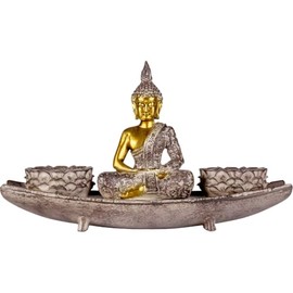 Houlu Buddha Candle Holder Set with Lotus Bowls and Tray, Buddha Statue for Home Decor, Zen Decor, Meditation and Relaxation, Boho Centerpiece for Coffee Table, Dining Table, and Living Room