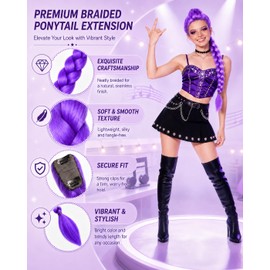 26 Inch Purple Braid Clip in Ponytail Extensions – Pre-Stretched Purple Ponytail Hair Extensions – Heat Safe Synthetic, Soft and shiny, Easy to Install – Perfect for Parties, Cosplay & Daily Wear