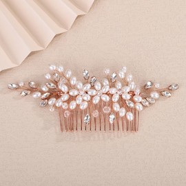 Rumtock Pearl Flower Rose Gold Hair Comb for Wedding Brides Women Hair Rhinestones Handmade Hair Accessories (Rose Gold)