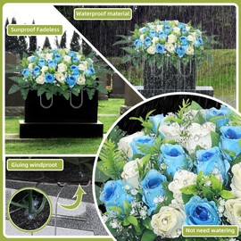 LOSFOTBO Artificial Cemetery Flowers for Grave,Headstone Flowers Saddle Outdoor Grave Saddle Memorial Silk Roses Flowers for Cemetery Decorations