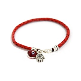 8" Hamsa Hand Protection Bracelet for Men - Silver Hamsa Charm on Red Leather Evil Eye Bracelet for Men - Ojo Bracelet - Red Protection Bracelet Jewelry - Gift for Dad, Boyfriend, Husband