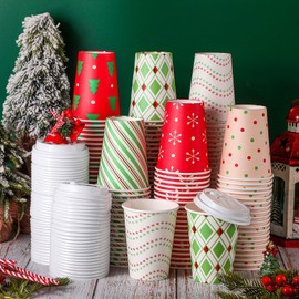 Funtery 150 Set Christmas Day Paper Cups with Lids Disposable Paper Cups Christmas Hot Cocoa Party Supplies Paper Cups for Christmas Party Disposable Cups for Coffee Tea Beverage (12oz with Lids)