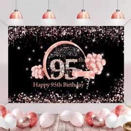 Tecreo Happy 95th Birthday Decorations Backdrop Banner for Lady/Women Happy 95 Years Old Party Fabric Sign Poster Woman Birthday Photo Background 95th Birthday Party Supplies, 59"x35.4"