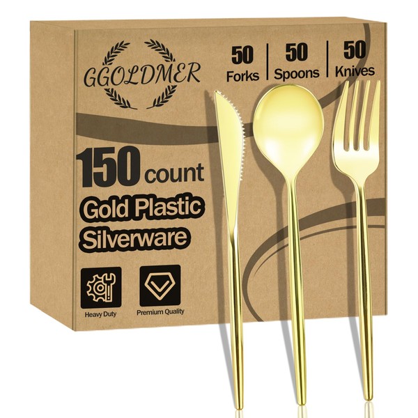 GGOLDMER 150 Pack Gold Plastic Silverware, Disposable Gold Silverware Set,