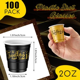 Ziliny 100 Pcs 21st 30th 40th 50th 60th Birthday Shot Glasses 2 oz Plastic Disposable Cups Bulk for Cheer Women Men Anniversary Wedding Party Decorations Favors(21st)