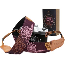 Padwa Lifestyle Camera Strap - 2" Cowhide Leather Head Cotton Camera Straps for Photographers,Vintage Print Purple Daisy Japanese Art Neck & Shoulder Adjustable Strap for DSLR SLR Mirrorless Cameras