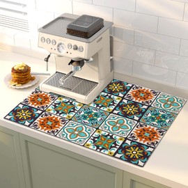 LOMOHOO Mexican Tiles Dish Drying Mat Placemat for Kitchen Counter, Super Absorbent Talavera Drying Mats with Non-slip Rubber Backed, Boho Coffee Bar Hide Stain Easy Clean Large Pad 16"x20"