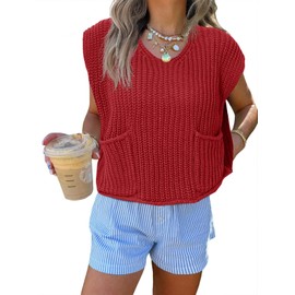 Saodimallsu Womens Summer Cap Sleeve Tops V Neck Chunky Knit Loose Knitted Top Lightweight Cropped Sweater Vest Red