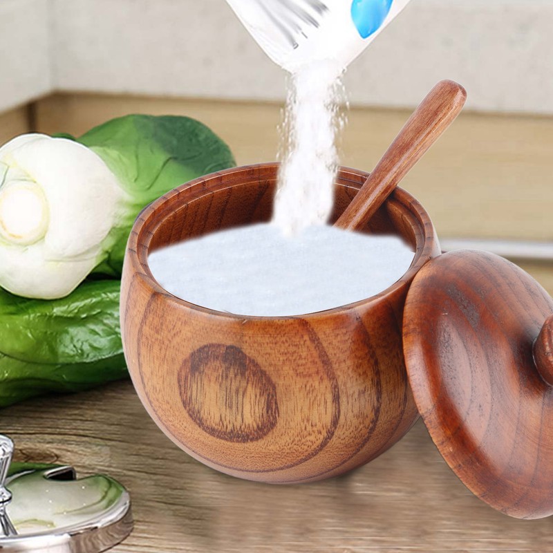 1Pc Solid Wood Spice Jar Seasoning Pot Sugar Bowl with