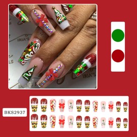 Christmas French Tip Press on Nails Long Ballet Fake Nails with Christmas Tree Hat Designs Glitter 3D Bow Rhinestones False Nails Winter Xmas Glue on Nails Artificial Stick on Nails for Women Girls 24