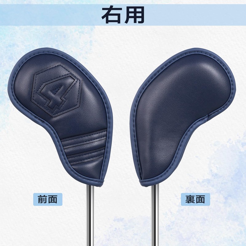 ゴルフアイアンカバー マグネット ウェッジカバー クラブヘッドカバー セット 10枚(4-9,P,A,S,L) 透かし番号 ダークブルー合成皮革