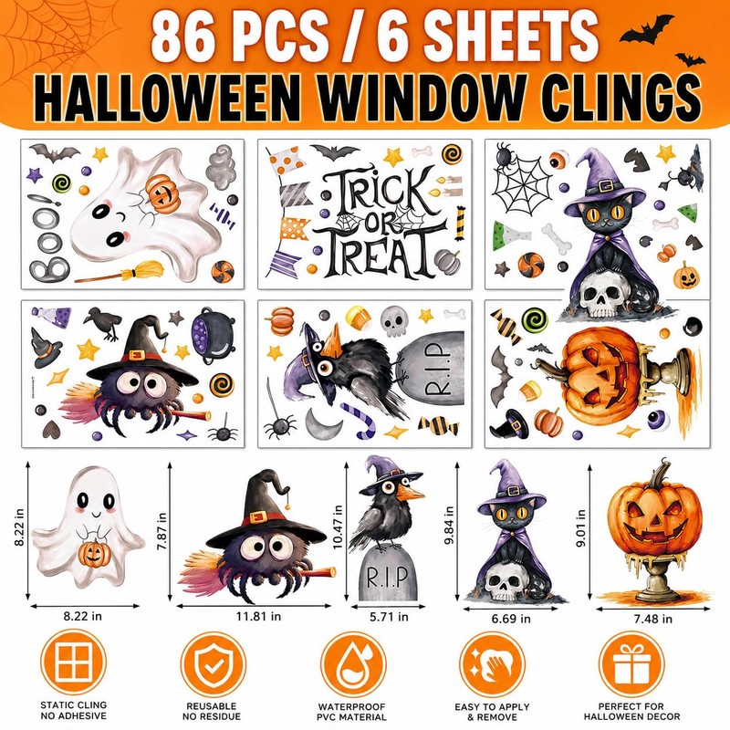 86 PCS Halloween Window Clings Decorations - Cute Spooky Ghost,