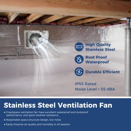 ALORAIR 570CFM Crawlspace Ventilation Fan with Humidistat, IP55 Rated Basement Stainless Steel Exhaust Fan, Built-In Isolation Net 8.1 Inch Foundation Vent Fan for Crawl Space, Garage, Attic,Grow Tent